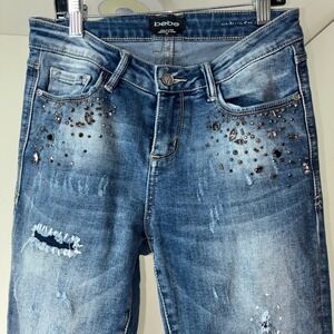 Bebe Embellished Distressed Skinny Jeans Women Size 26 Rhinestone Studded Y2K